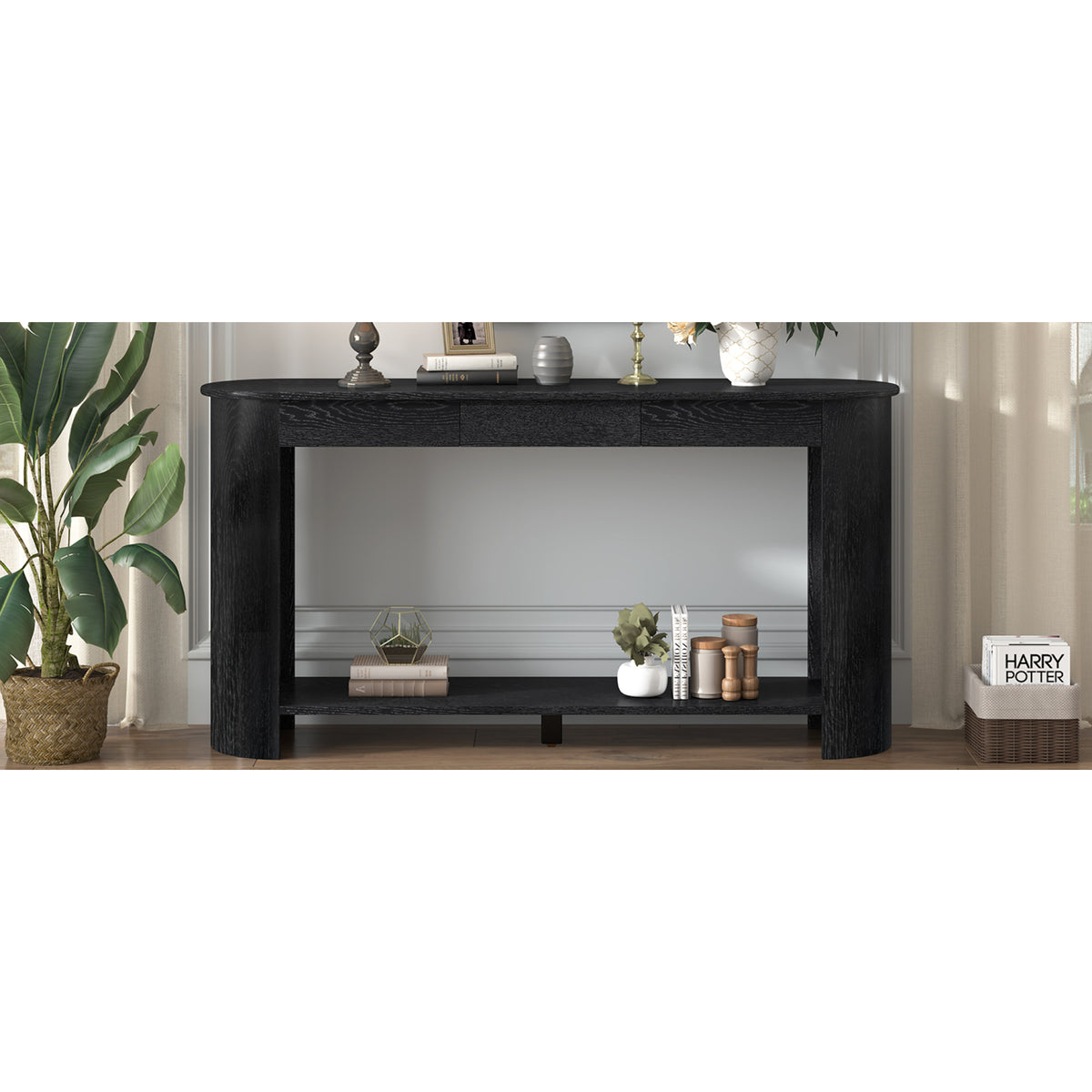 variant-group:rf-n711p395523b|Roomfitters Modern Farmhouse Black Oak Veneer Semi-Circular Console Table with 3 Drawers and Open Bottom Storage Shelf