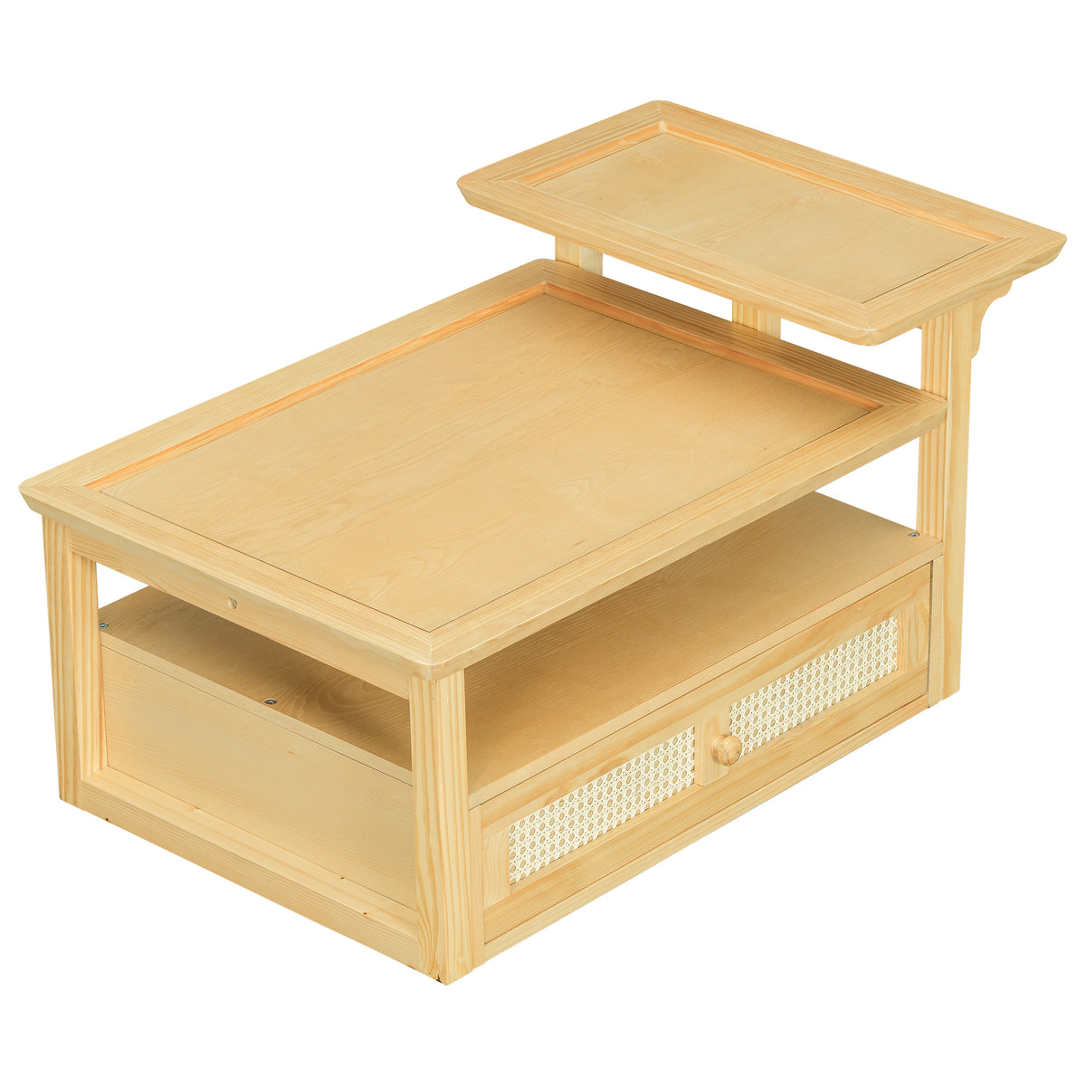 variant-group:rf-n724p232190n|Roomfitters Modern Coffee Table with Open Shelf, Dual Tabletops and Rattan Accent Storage, Natural