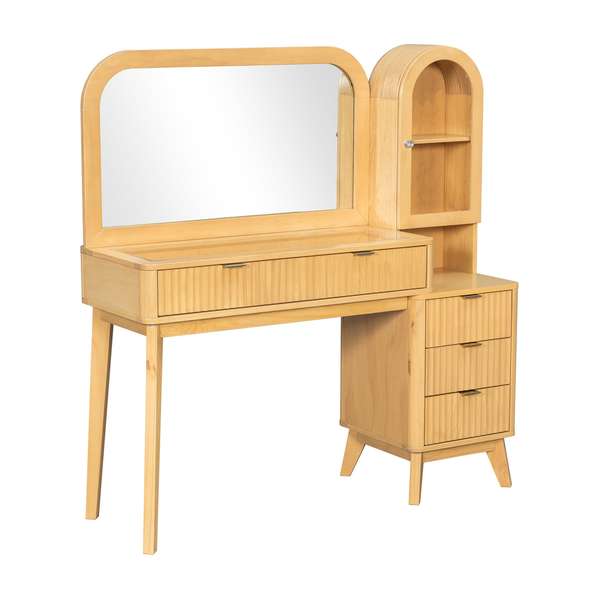 Roomfitters 48-Inch Fluted Makeup Vanity Desk with Arched Tower Glass Cabinet and Built-In Power Charging Station Natural Roomfitters