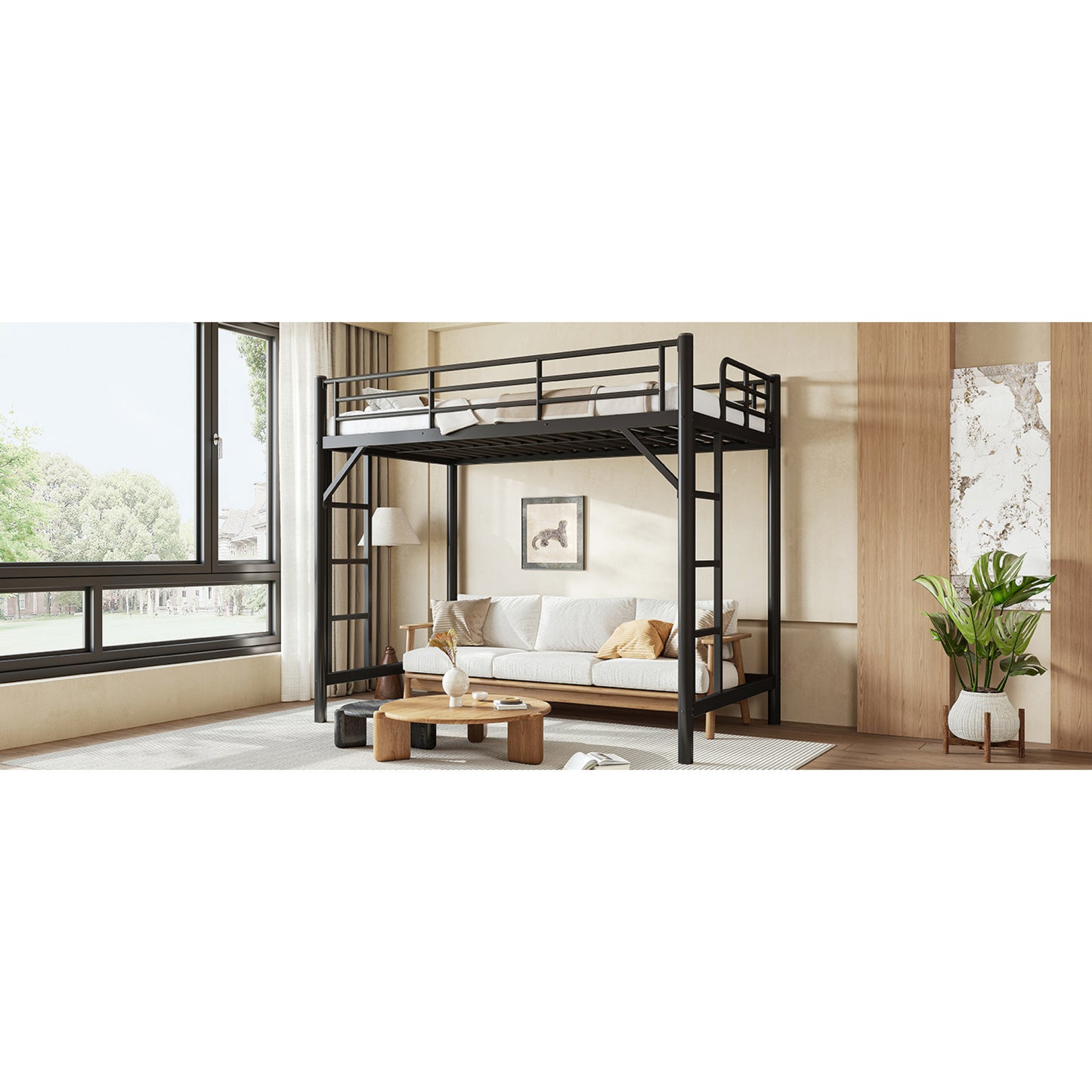 variant-group:rf-w1580p455013|Roomfitters Twin XL Size Metal Loft Bed Frame with Guardrails, Heavy Duty Space Saving High Loft Bed Dual Ladders, Black