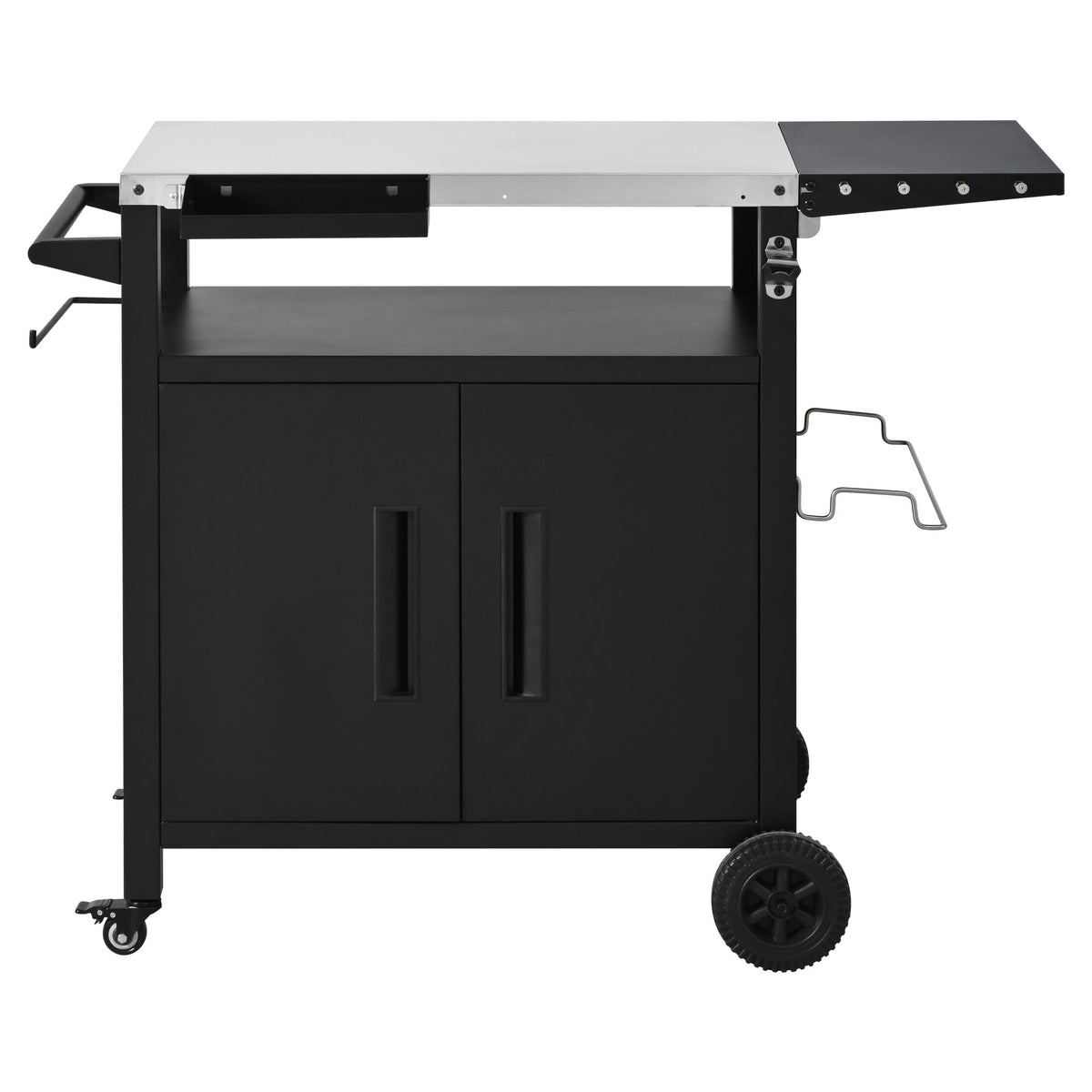 Roomfitters Grill Cart with Stainless Steel Top, Outdoor Kitchen Island, BBQ Prep Station with Trash Bag Holder and Hooks, Black