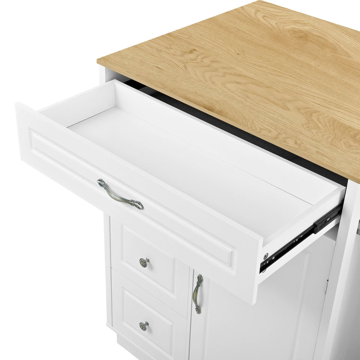 variant-group:rf-n711wy000493aak|Roomfitters White and Natural Wood MDF Extendable Bar Cabinet, Rolling Kitchen Island Table, Wine Rack Storage