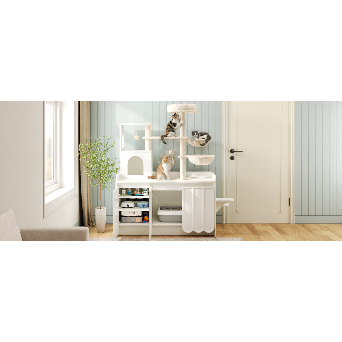variant-group:rf-n704p443505k|Roomfitters All-in-One Modern Multi-Level Cat Tree Tower Condo with Hidden Litter Box Enclosure Space White