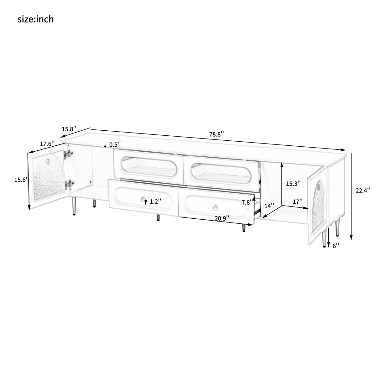 Roomfitters Retro TV Stand for up to 85 Inch TV, Media Console Cabinet with Drawers, Cabinets and Metal Legs, White Roomfitters