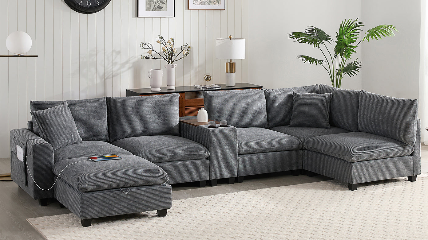 variant-group:rf-n723s1166e|Roomfitters 139 Inch U-Shaped Modular Sectional Sofa with Storage Console, Cup Holders and USB Ports for Living Room, Gray