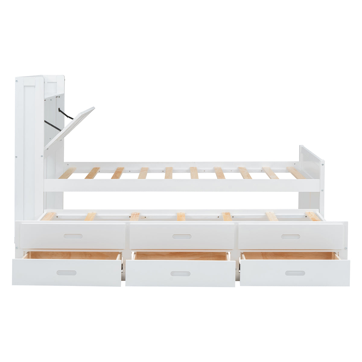variant-group:rf-n733s172839k|Roomfitters Twin Size Wooden Bed with Storage Headboard, Functional Outlets, Extendable Frame with Twin Trundle and Smart Storage, White