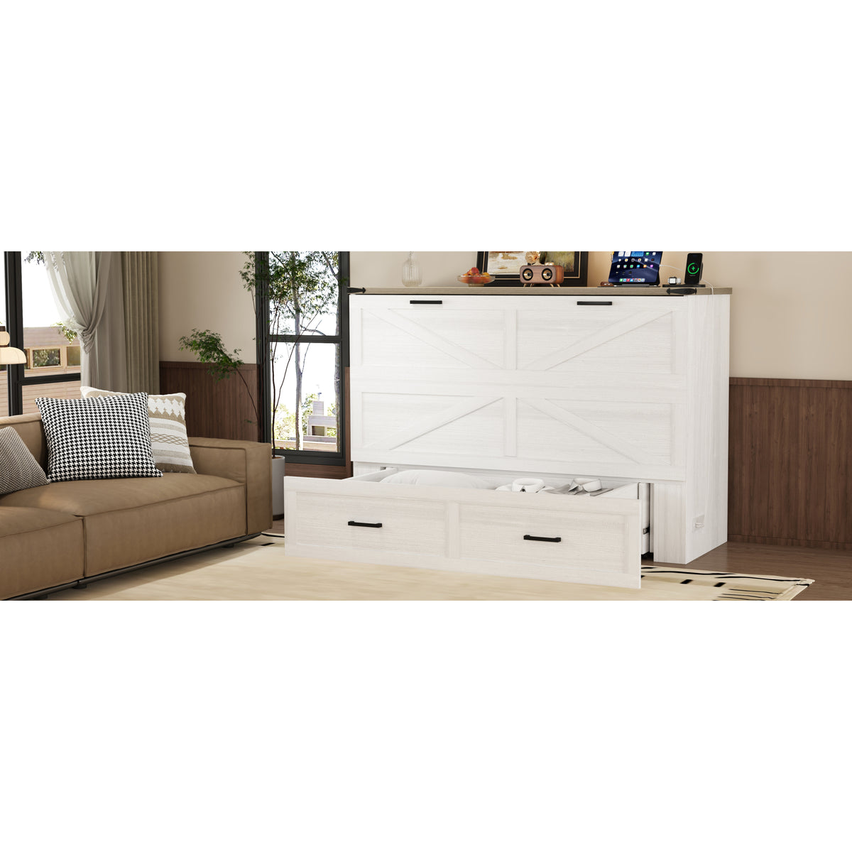 variant-group:rf-n733s361778w|Roomfitters Queen Farmhouse Murphy Cabinet Bed with Charging Station, Foldable Platform Bed with Storage Drawer, White