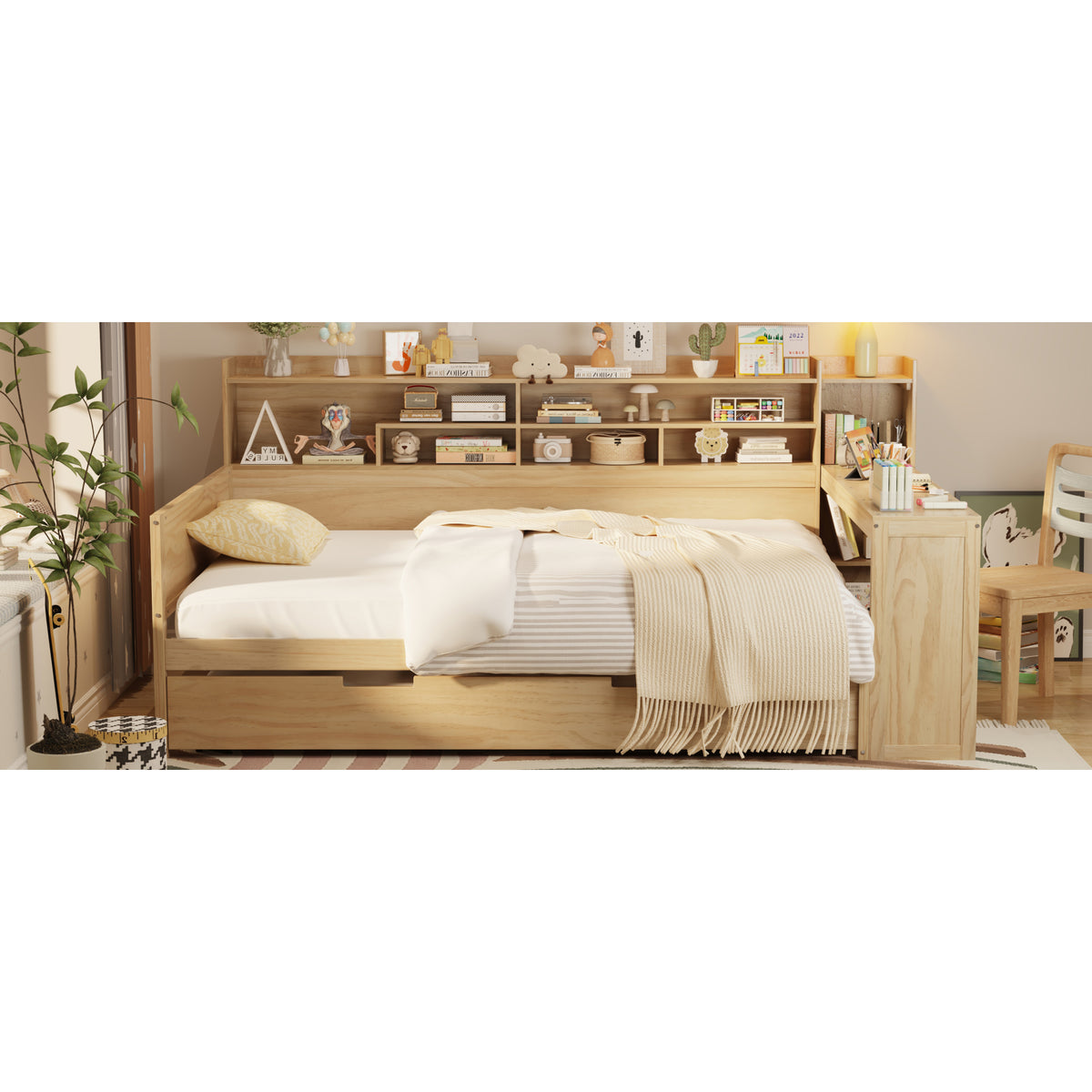variant-group:rf-n733s373391m|Roomfitters Full Daybed with Twin Trundle, Storage Shelves and Desk, Wooden Multi-Functional Bed, Natural