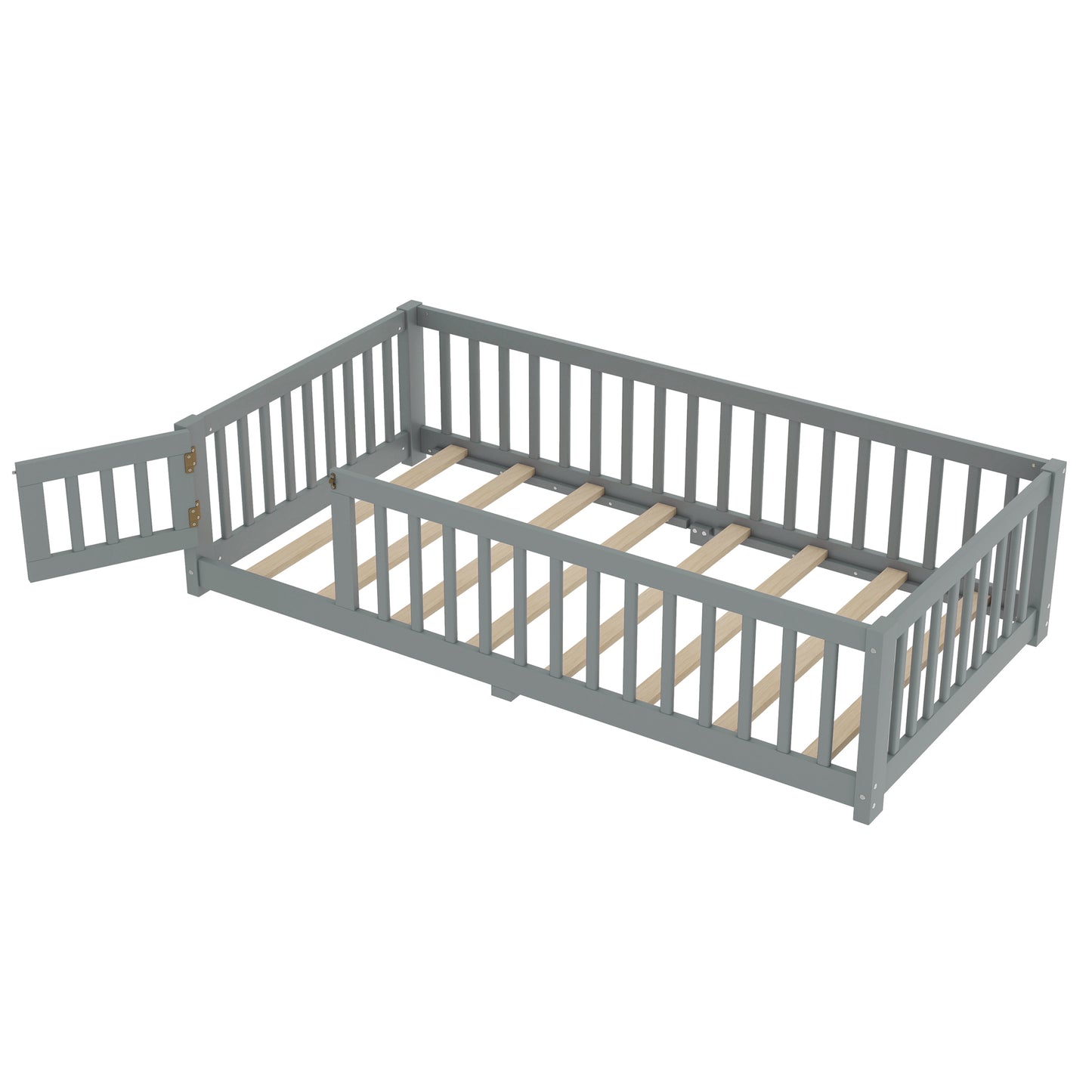 variant-group:rf-w1580p338948|Roomfitters Wooden Twin Floor Bed Frame with Door & Safety Guardrails, Low Platform Design for Bedroom or Playroom, Gray