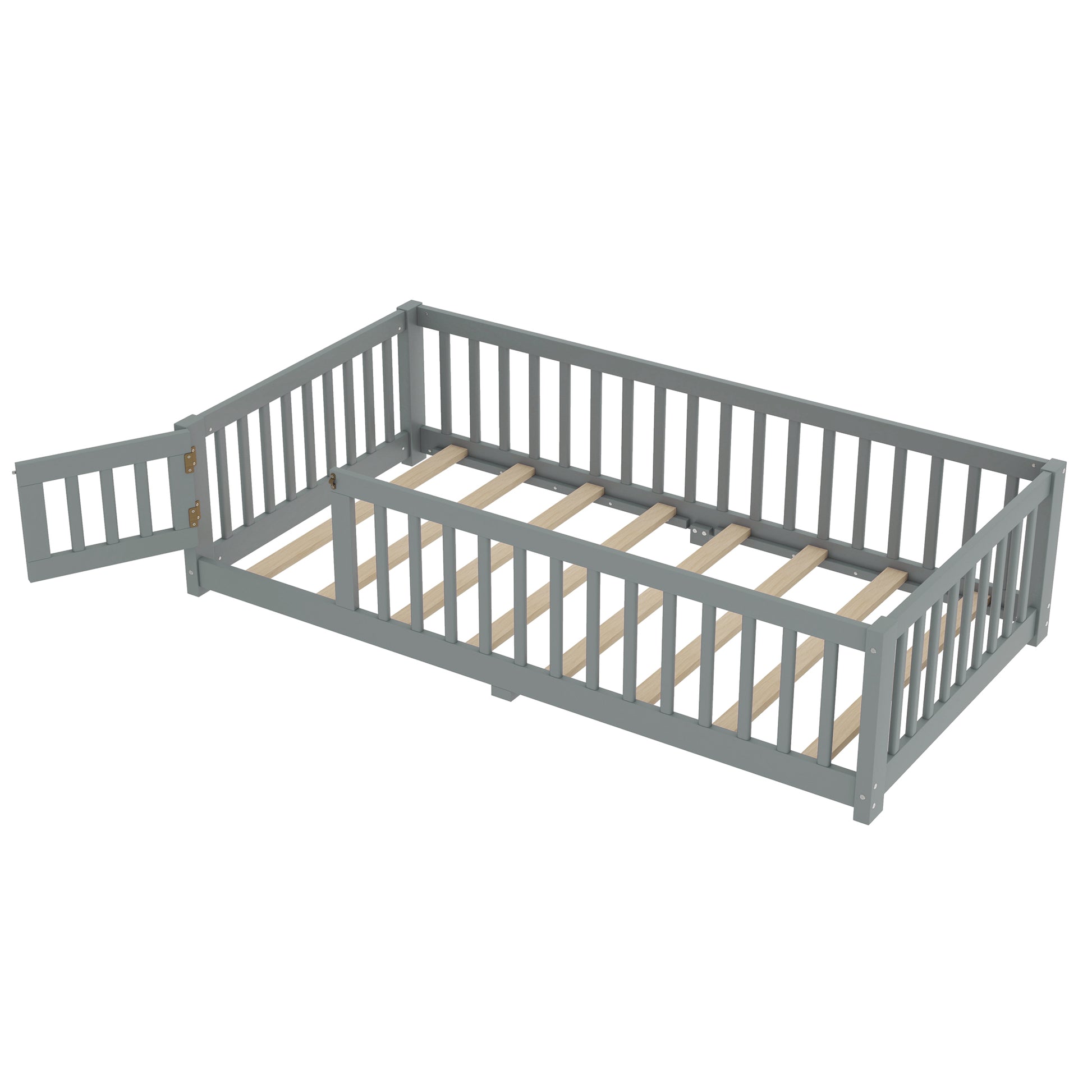 variant-group:rf-w1580p338948|Roomfitters Wooden Twin Floor Bed Frame with Door & Safety Guardrails, Low Platform Design for Bedroom or Playroom, Gray