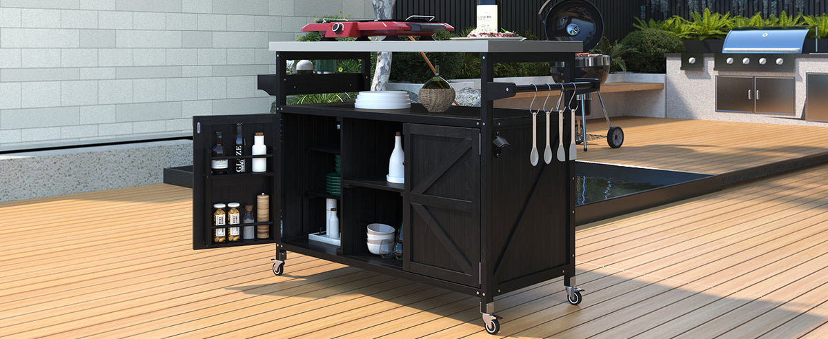 Roomfitters Outdoor Kitchen Island, Rolling Bar Cart with Storage Cabinet, Wood Grill Table, Stainless Steel Top, Spice Rack, Black
