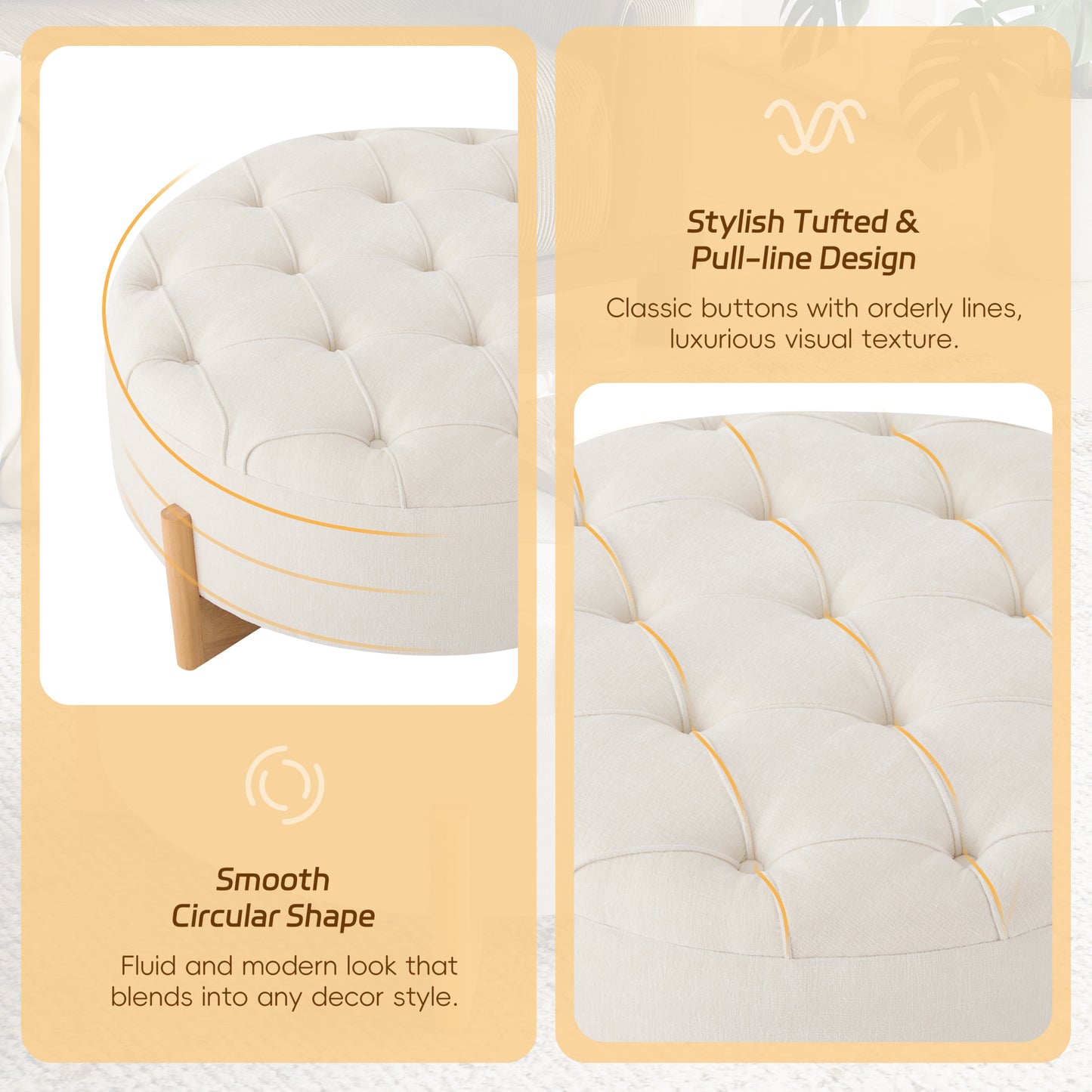 variant-group:rf-n723p405298a|Roomfitters 32 Inch Oversized Round Button-Tufted Ottoman, Upholstered Coffee Table Footrest with Wood Legs, Beige