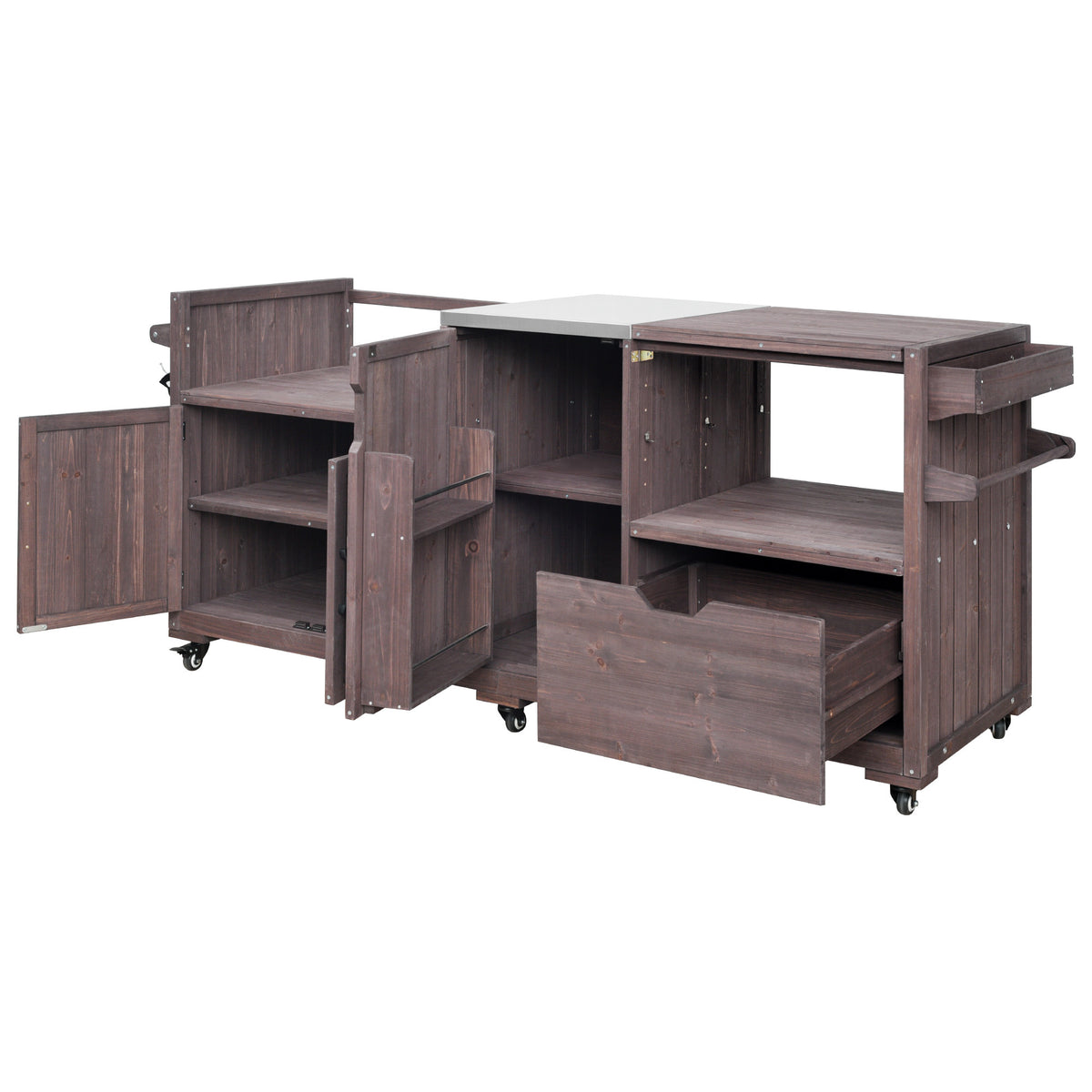 variant-group:rf-n707p392140z|Roomfitters 80.5" Extra Large Grill Cart, Outdoor Kitchen Prep Station with Stainless Steel Top & Kamado Grill Stand, Dark Brown
