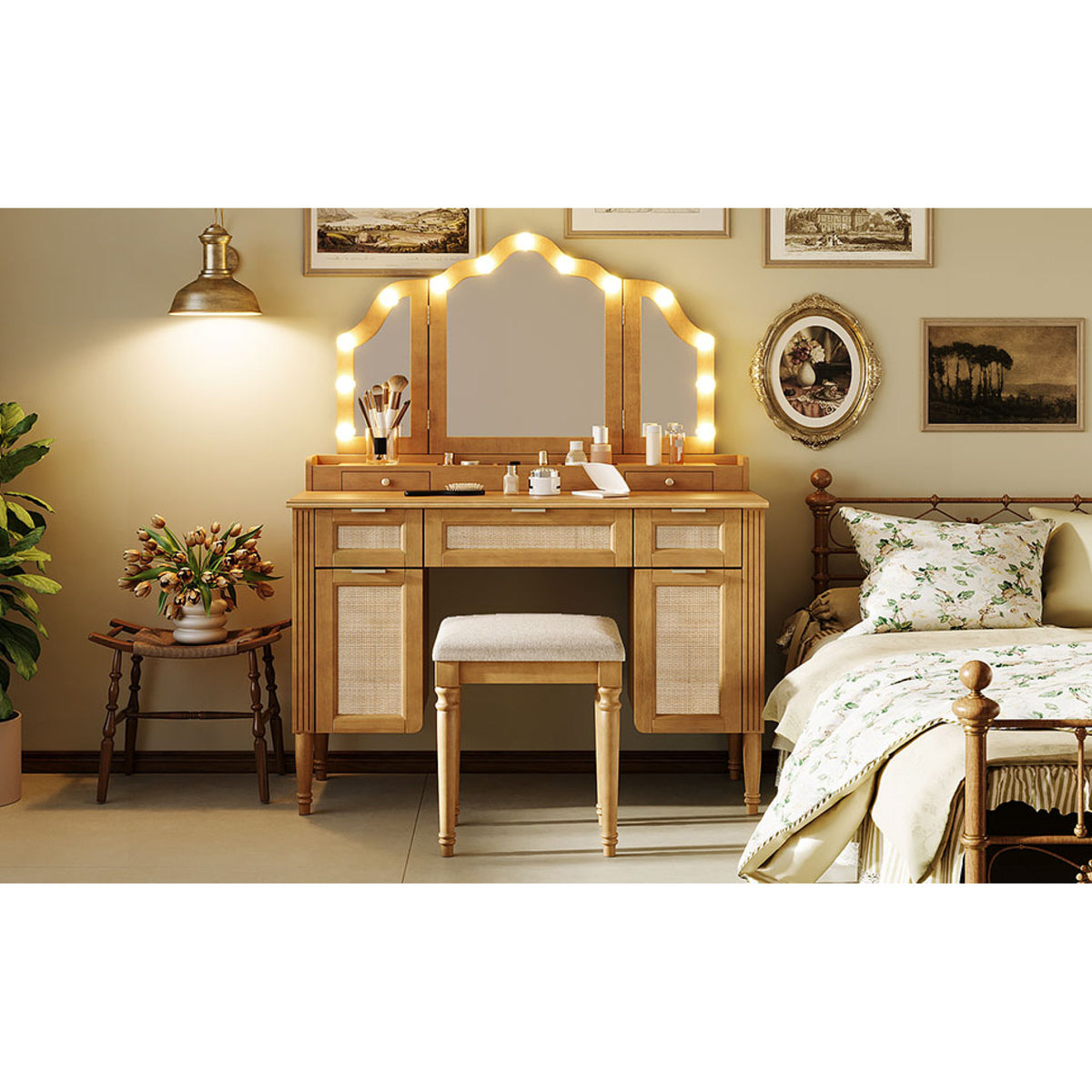 variant-group:rf-n704p342558n|Roomfitters 44-Inch Bohemian Makeup Vanity Desk with 13 Hollywood Bulbs Tri-Fold Mirror and Bamboo Drawers Natural