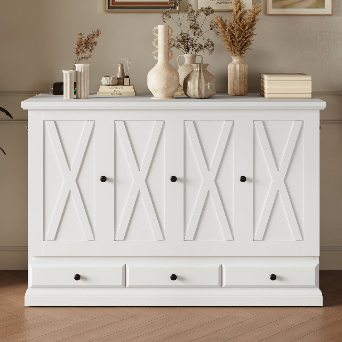 variant-group:rf-n701bs701p170501k|Roomfitters Full Size Murphy Bed Cabinet with Charging Station and Storage Drawer, Freestanding Fold Out Guest Bed, White