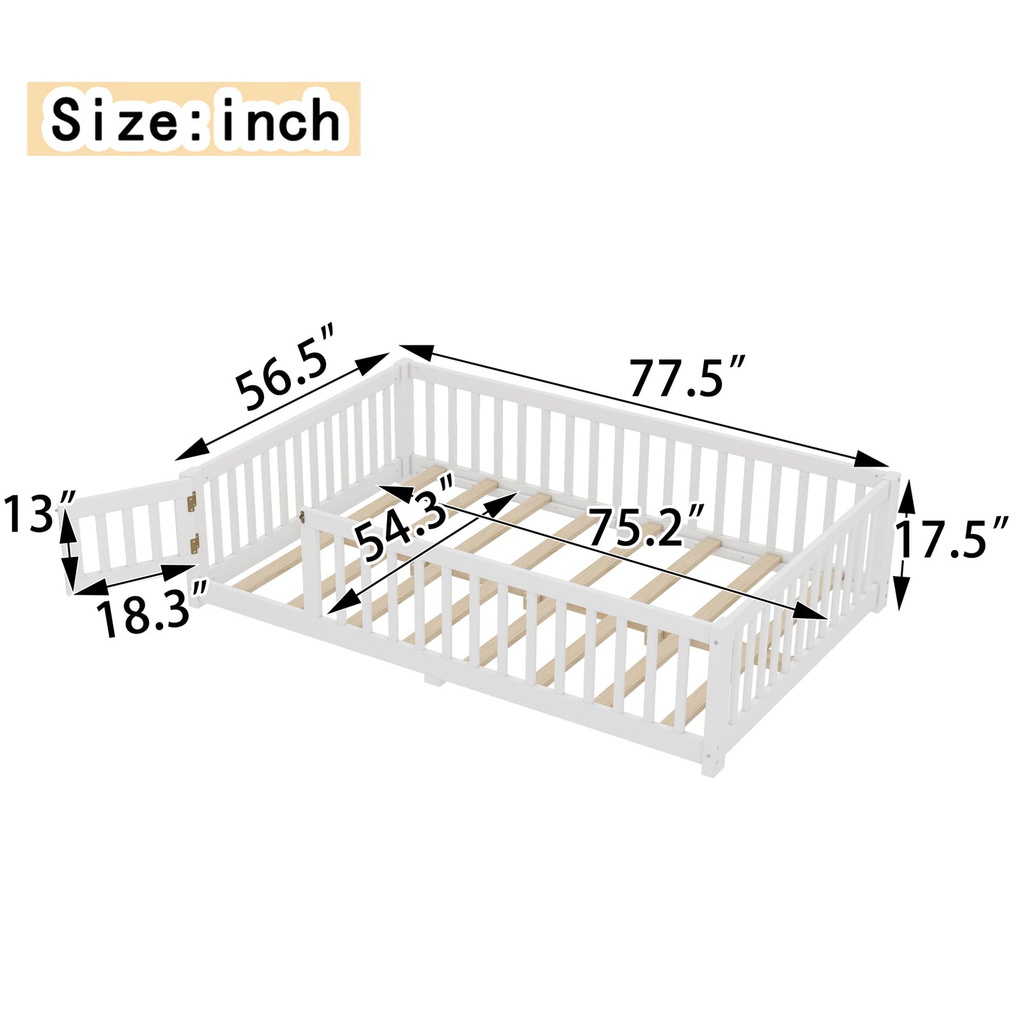 variant-group:rf-w1580p338950|Roomfitters Wooden Full Floor Bed Frame with Door & Safety Guardrails, Low Platform Design for Bedroom or Playroom, White