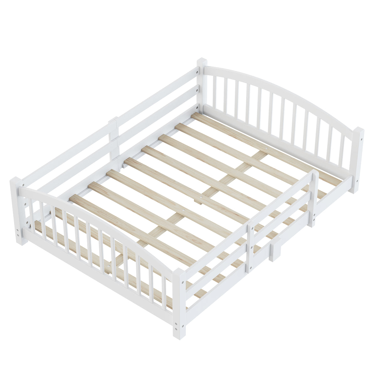 variant-group:rf-n733p400299k|Roomfitters Full Montessori Floor Bed with Guardrails, Solid Wood Low Platform Bed with Slats, Easy Assembly, White