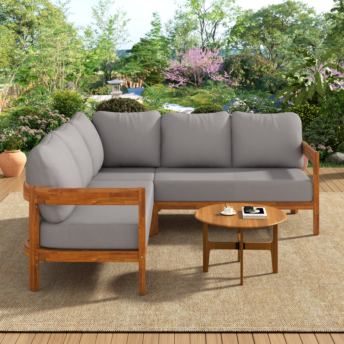 Roomfitters Modern Contemporary Slate Grey Solid Acacia Wood L-Shaped Outdoor Patio Sectional Sofa Conversation Seating Set Roomfitters
