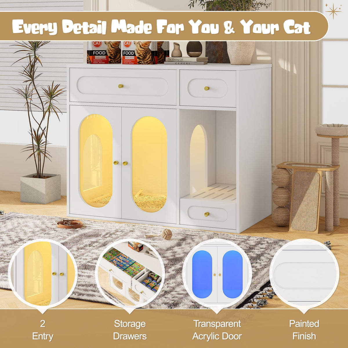 Roomfitters White Chic Sideboard Style Cat Litter Box Enclosure Cabinet with App Controlled LED Lighting Roomfitters