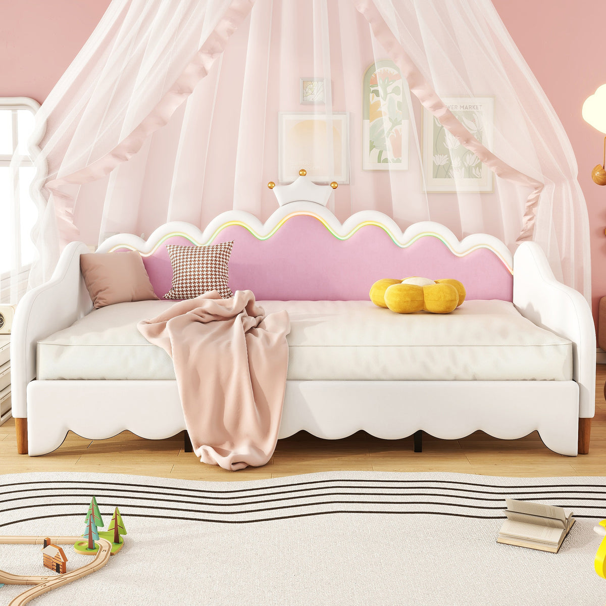 variant-group:rf-n733hl000104aak|Roomfitters Twin Extending Daybed with Lights, Modern Upholstered Princess Daybed with Crown Headboard, Sophisticated and Functional Design, White