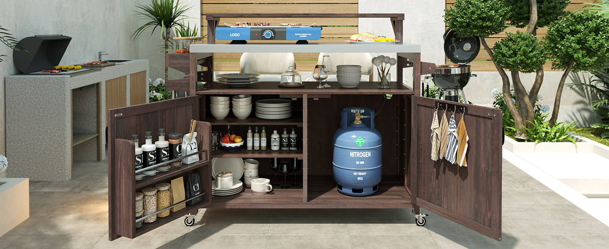 variant-group:rf-n707p250628z|Roomfitters 53.3" Outdoor Kitchen Island with Raised Shelf, Wood Storage Cabinet, Stainless Steel Top, Rolling Grill Cart, Brown