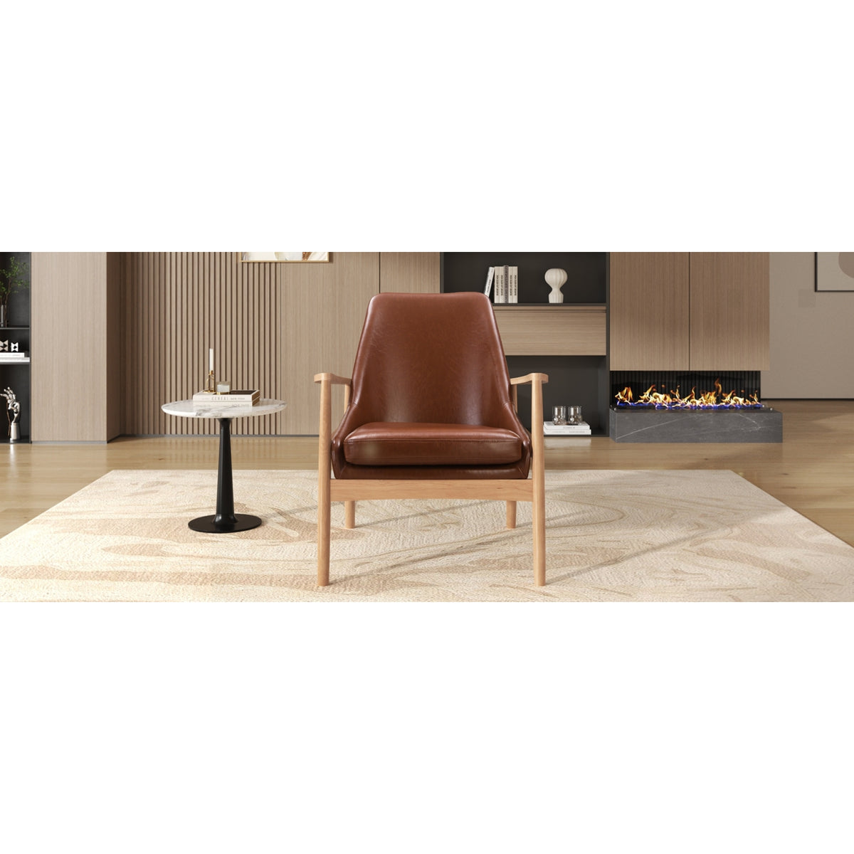 variant-group:rf-n724p256555d|Roomfitters PU Leather Mid-Century Accent Chair with Solid Wood Frame and High Backrest, Reading Armchair, Brown