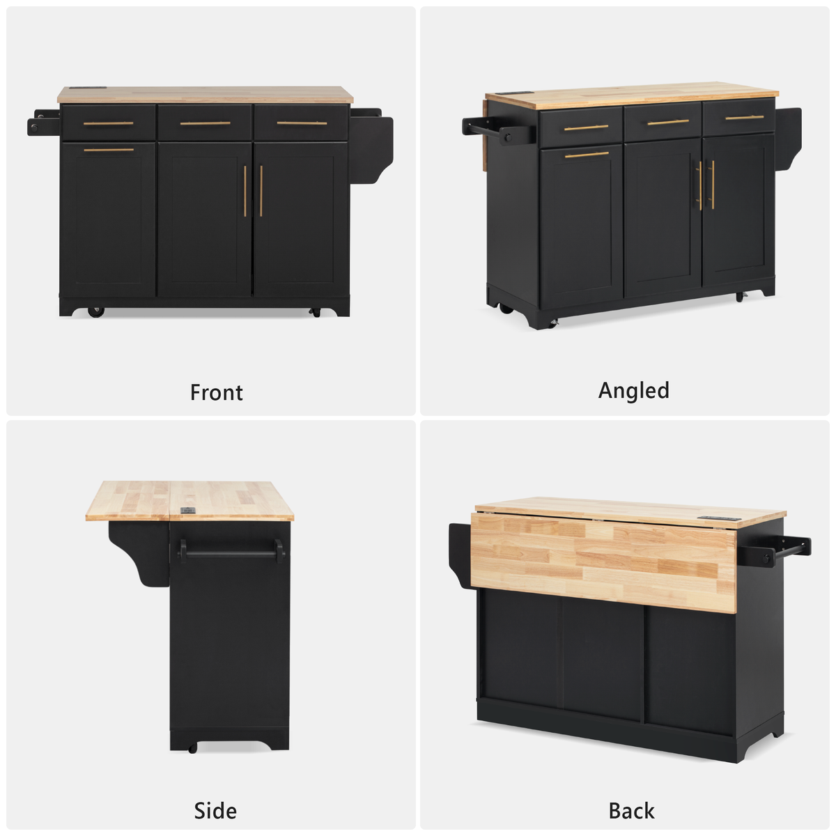 variant-group:rf-n707s299014b|Roomfitters 59.3" Kitchen Island with Power Outlet, Drop Leaf and Double Trash Can Pull Out, Rolling Cart, Black