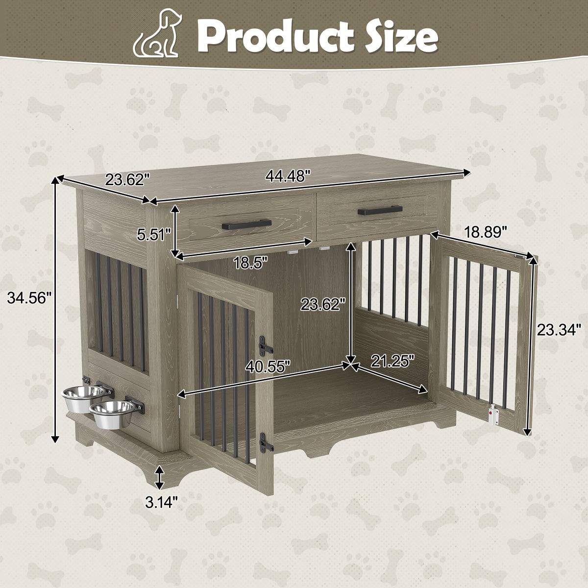 variant-group:rf-n704p379112e|Roomfitters 44-Inch Decorative Dog Crate Furniture Indoor Wooden Kennel End Table with 360 Rotating Bowls Gray