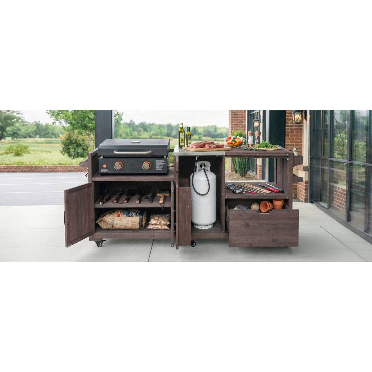 variant-group:rf-n707p392140z|Roomfitters 80.5" Extra Large Grill Cart, Outdoor Kitchen Prep Station with Stainless Steel Top & Kamado Grill Stand, Dark Brown