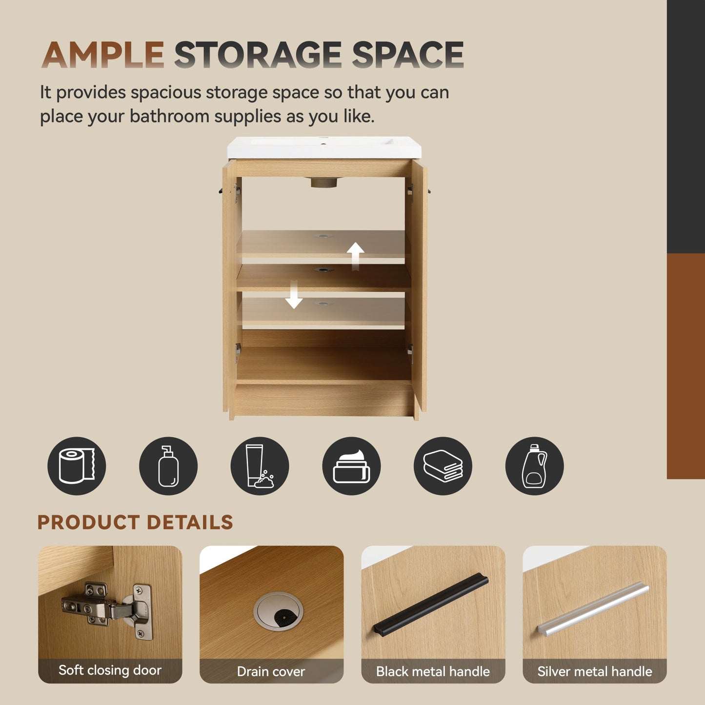 24" Freestanding Bathroom Vanity with Resin Sink, Light Oak, Double Door Storage, KD (Ready-to-Assemble), Includes Black & Brushed Aluminum Handles Roomfitters