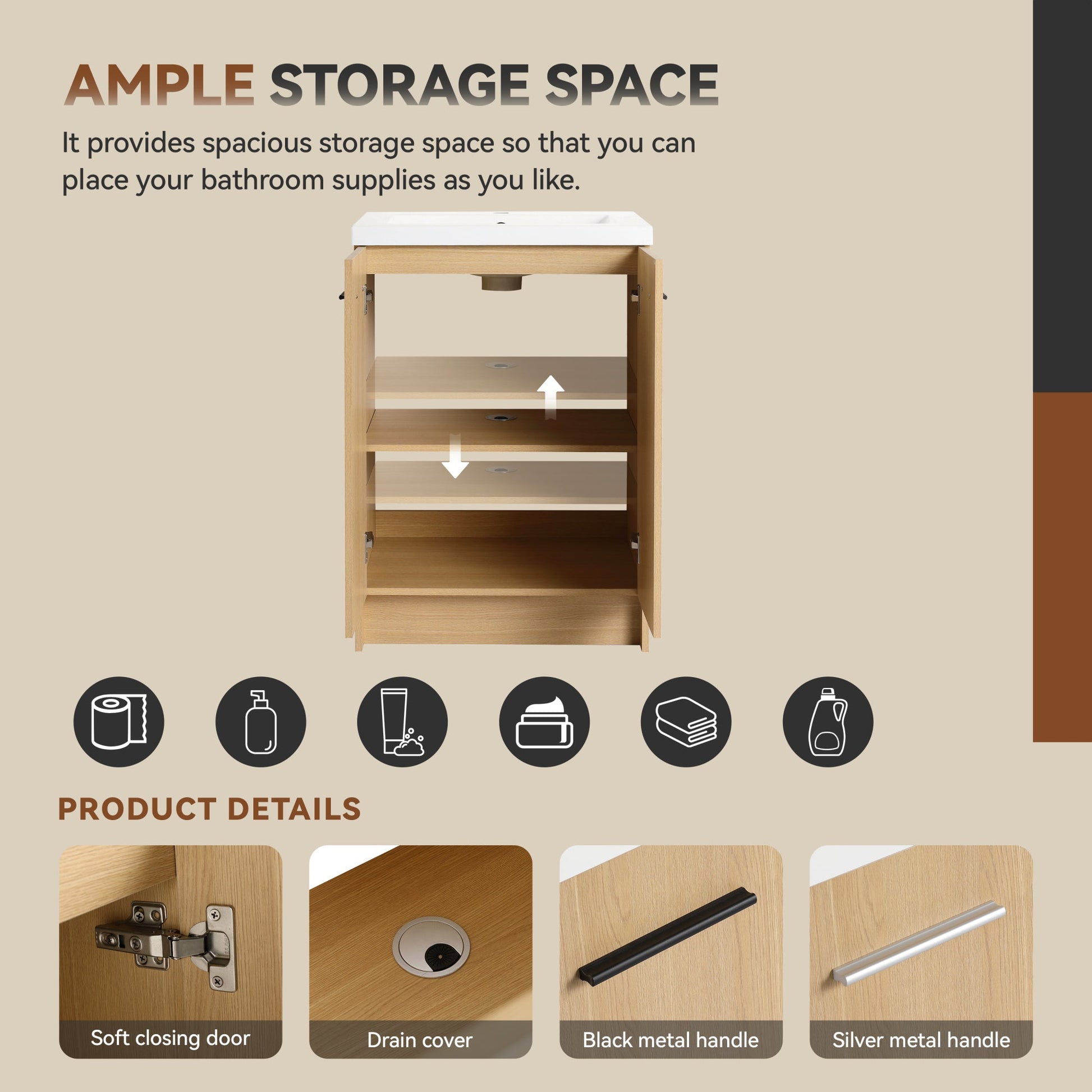 24" Freestanding Bathroom Vanity with Resin Sink, Light Oak, Double Door Storage, KD (Ready-to-Assemble), Includes Black & Brushed Aluminum Handles Roomfitters