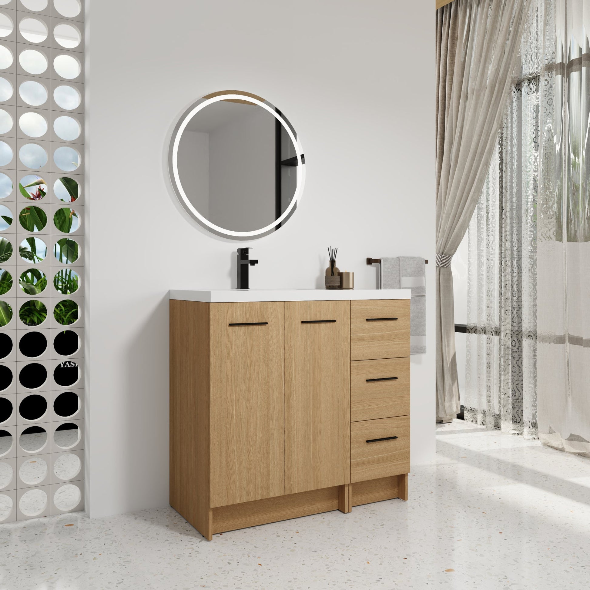 36" Modular Freestanding Bathroom Vanity with 36" Resin Sink Top, Light Oak, 2-Piece Cabinet (24" 2-Door + 12" 3-Drawer), KD Cabinet, Includes Black & Brushed Aluminum Handles Roomfitters