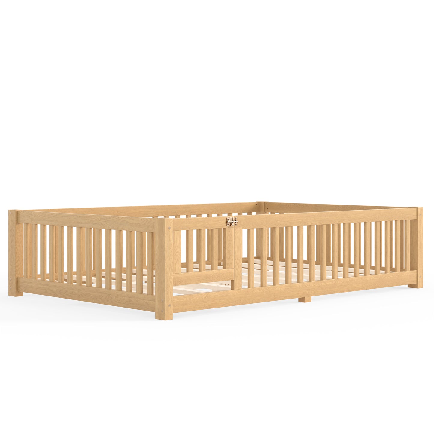 variant-group:rf-w1580p462325|Roomfitters Queen Size Wooden Floor Bed Frame with Safety Guardrails Door, Solid Wood Low Profile Toddler Play Bed, Natural