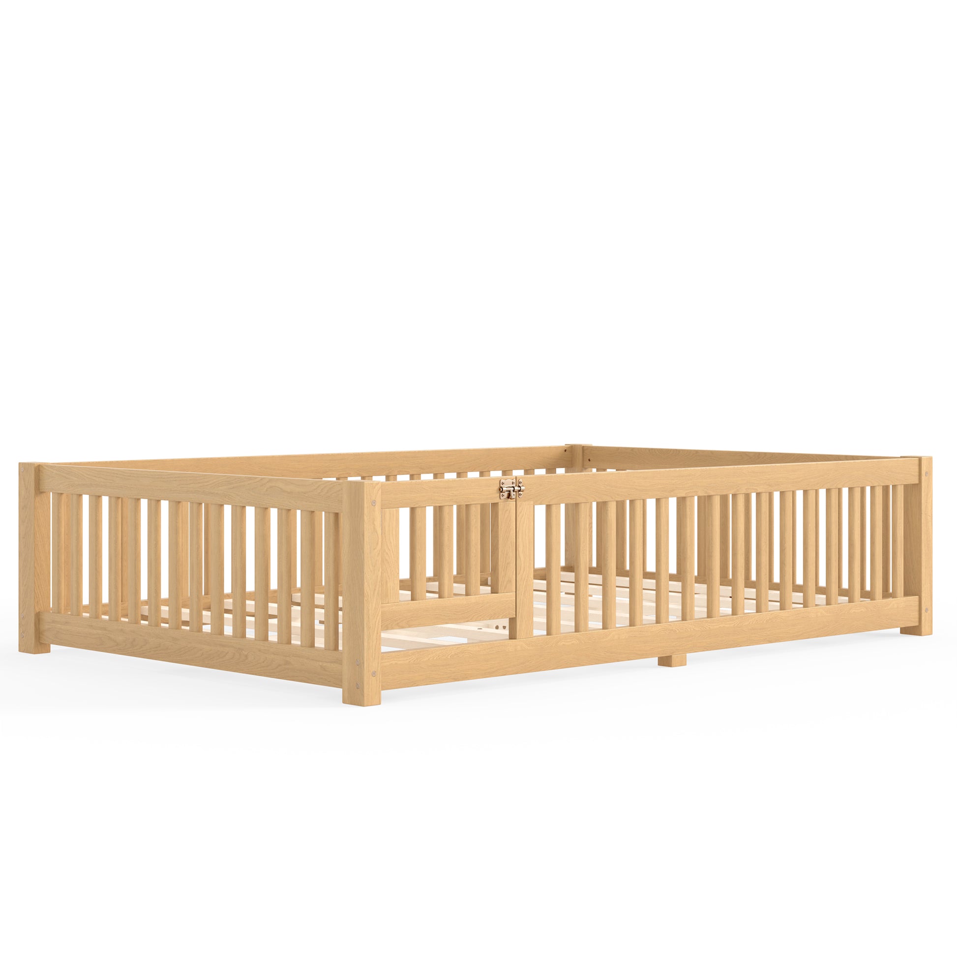 variant-group:rf-w1580p462325|Roomfitters Queen Size Wooden Floor Bed Frame with Safety Guardrails Door, Solid Wood Low Profile Toddler Play Bed, Natural