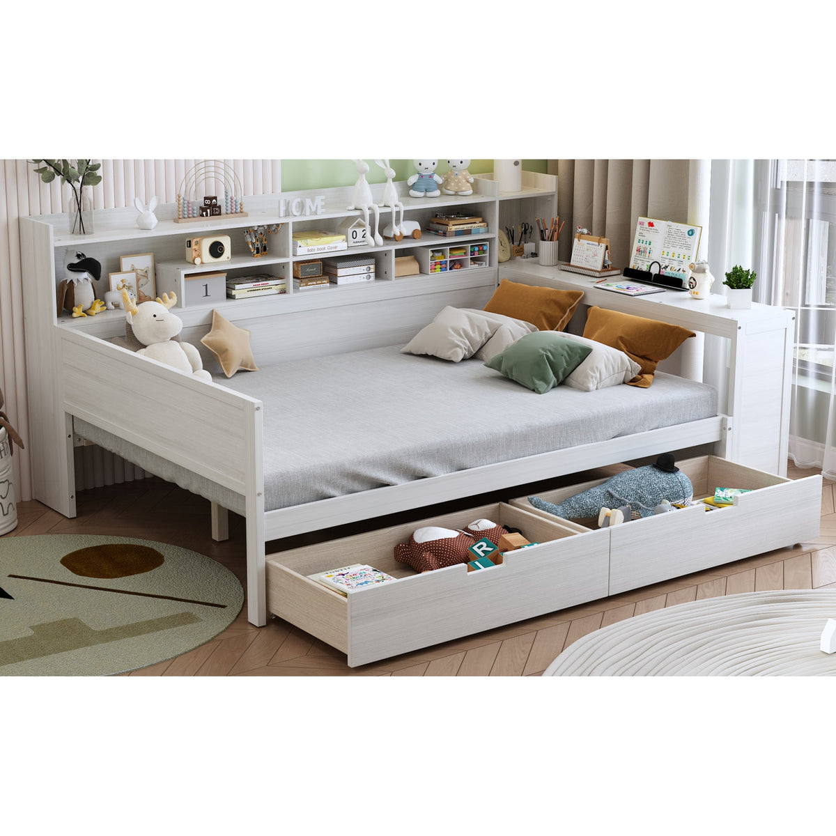 Roomfitters Full Daybed with Storage Shelves, Multi-Functional Bed with Drawers and Study Desk, Antique White