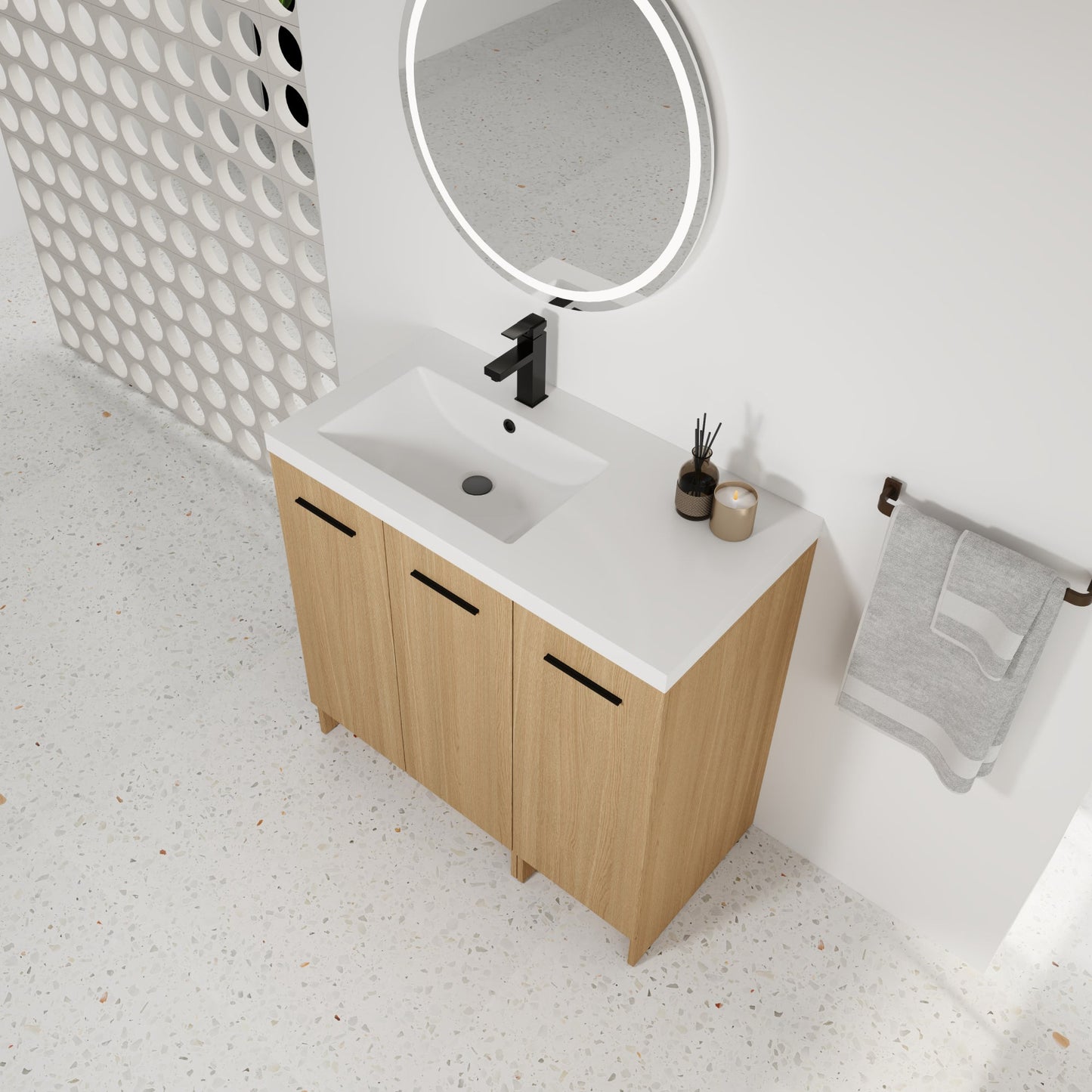 36" Modular Freestanding Bathroom Vanity with 36" Resin Sink Top, Light Oak, 2-Piece Cabinet (24" 2-Door + 12" 1-Door), KD Cabinet, Includes Black & Brushed Aluminum Handles Roomfitters