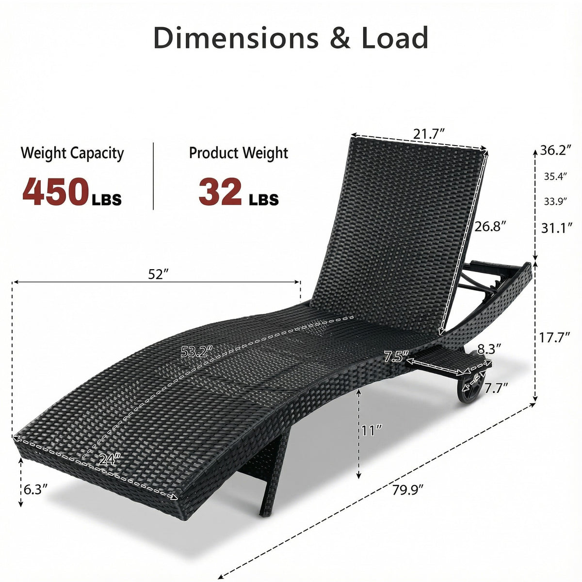 variant-group:rf-n707p395515b|Roomfitters 80"W Patio Chaise Lounge Chairs Set of 2 with Wheels, Folding Table, Adjustable Rattan Loungers, Black