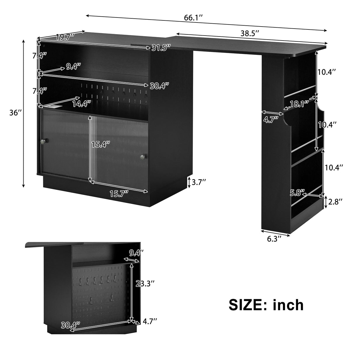 variant-group:rf-n711p437809b|Roomfitters Black MDF Counter Height Kitchen Island Sideboard Cabinet, Extendable Table, Acrylic Sliding Doors