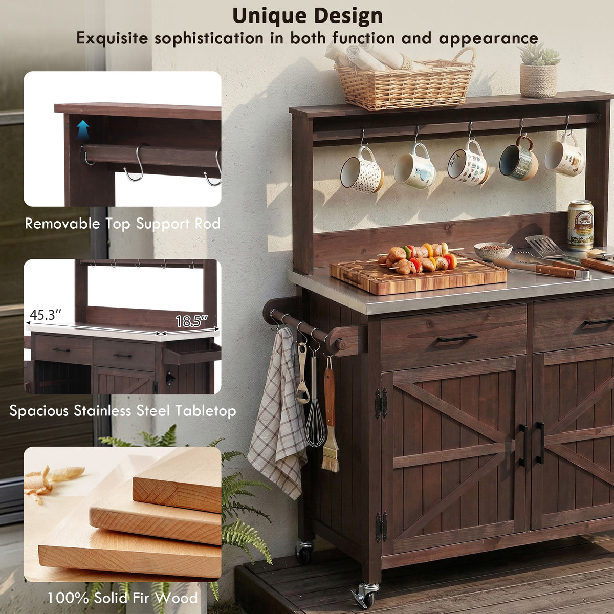 variant-group:rf-n707p409087z|Roomfitters 54.1" Grill Cart, Outdoor Kitchen Prep Station with Stainless Steel Top and Propane Tank Storage, Dark Brown