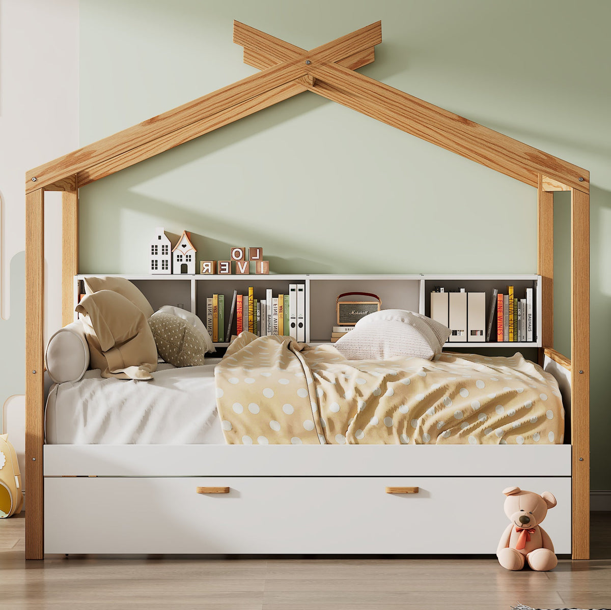 Roomfitters Full Size Wooden House Bed with Trundle and Bookshelf Storage, Solid Wood Frame for Guest Room, White Roomfitters