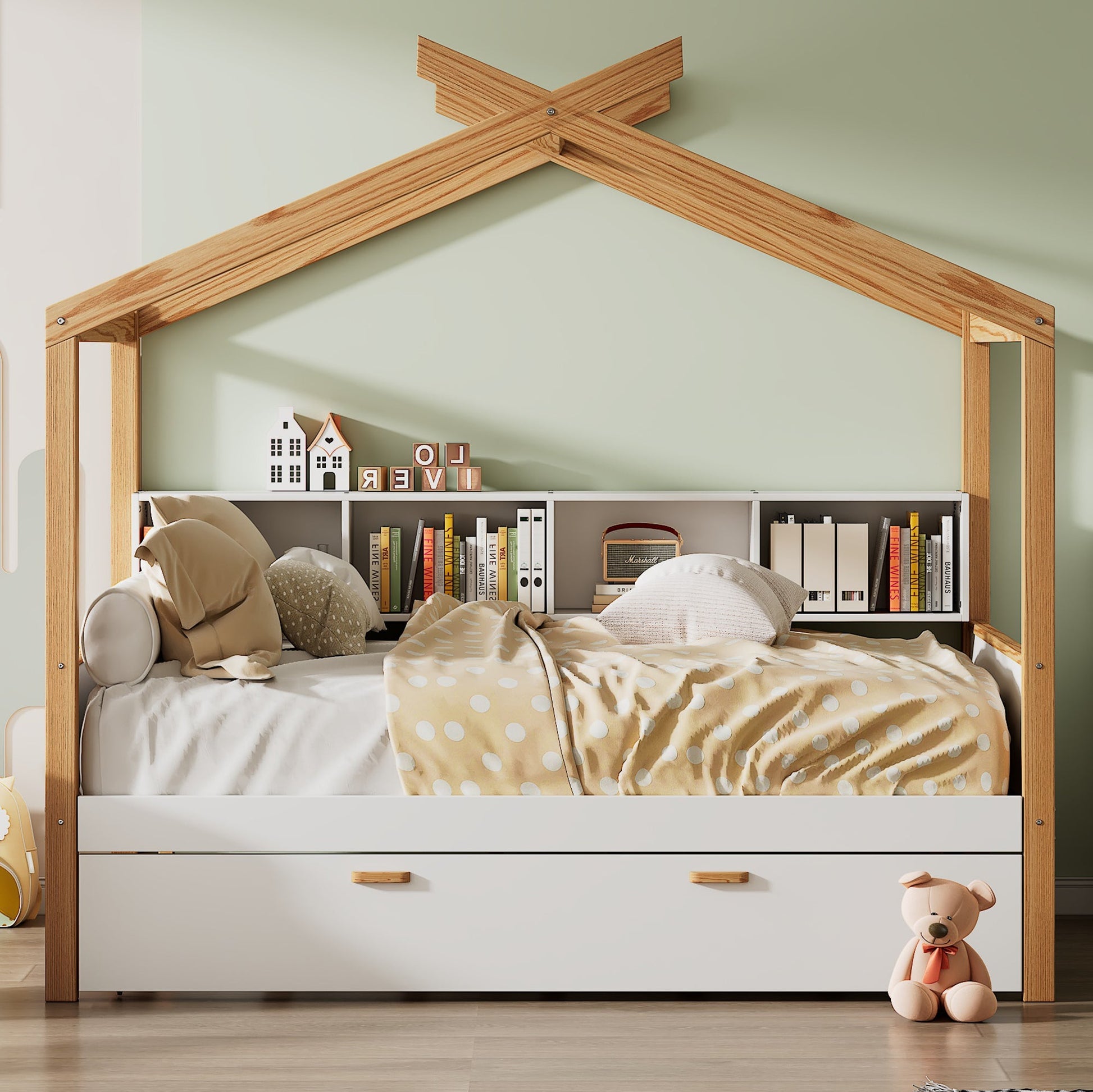 Roomfitters Full Size Wooden House Bed with Trundle and Bookshelf Storage, Solid Wood Frame for Guest Room, White Roomfitters