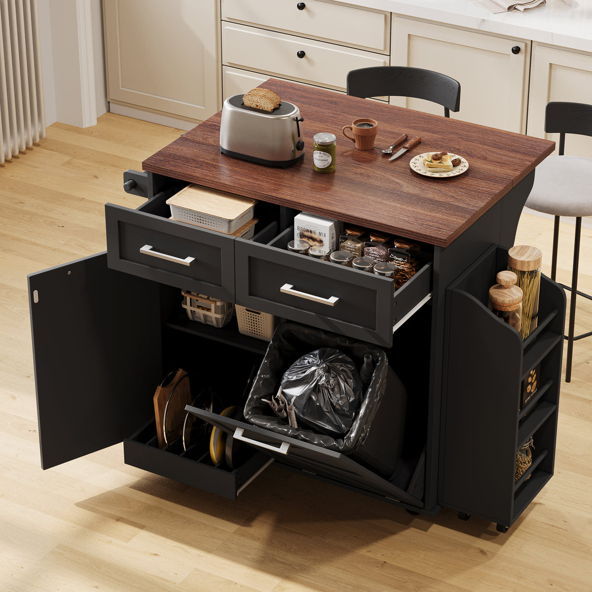variant-group:rf-n707p307296b|Roomfitters 47.2" Farmhouse Kitchen Island with Drop Leaf, Tilt Trash Can Cabinet, Removable Mobile Side Racks, Black