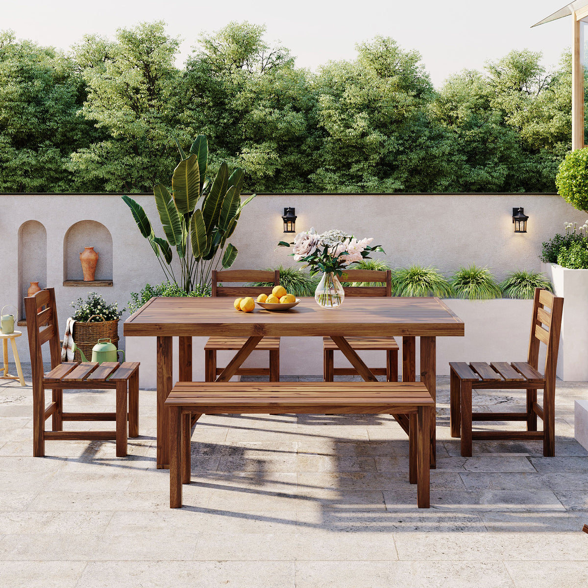 variant-group:rf-n711wy000472aae|Roomfitters 6-Piece Acacia Wood Outdoor Dining Set with Bench and 4 Chairs, Rectangular Table for Patio and Backyard, Brown
