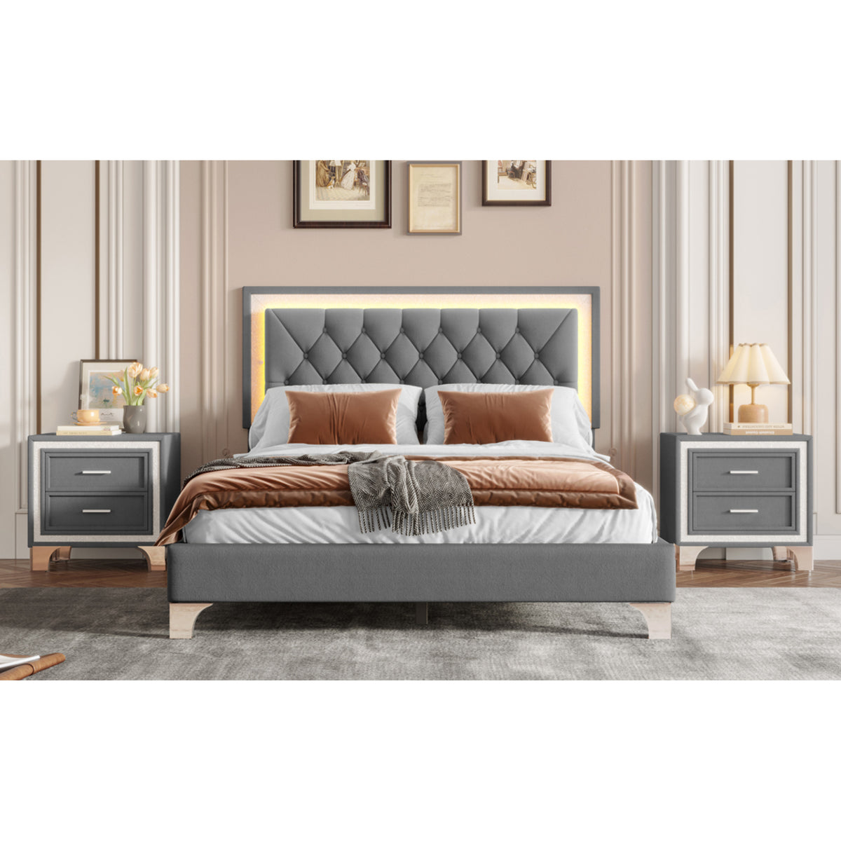 variant-group:rf-n733p183657e|Roomfitters Modern Velvet Queen Platform Bed with Tufted Headboard and Built-In Lighting, Gray