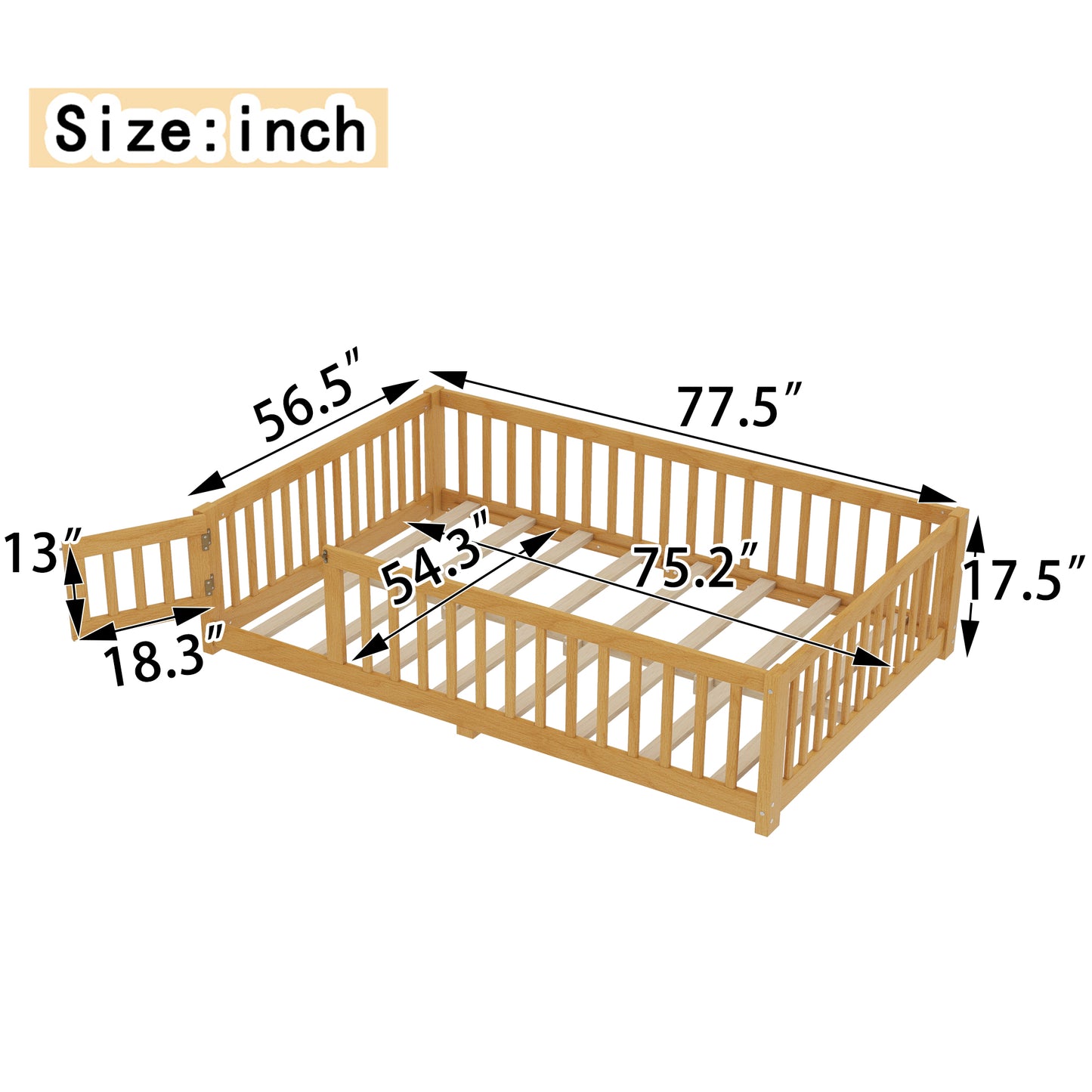variant-group:rf-w1580p338952|Roomfitters Wooden Full Floor Bed Frame with Door & Safety Guardrails, Low Platform Design for Bedroom or Playroom, Natural