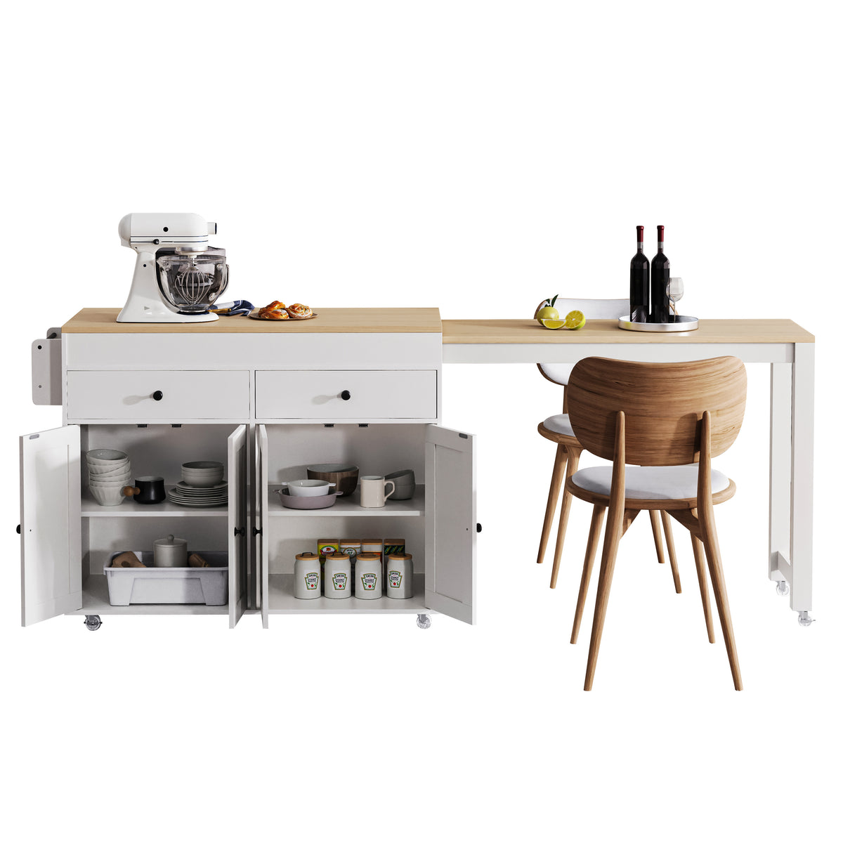 variant-group:rf-n707s000009w|Roomfitters 74.5" Kitchen Island with Extendable Table, Rolling Cart with Spice Rack, Storage Cabinet, White