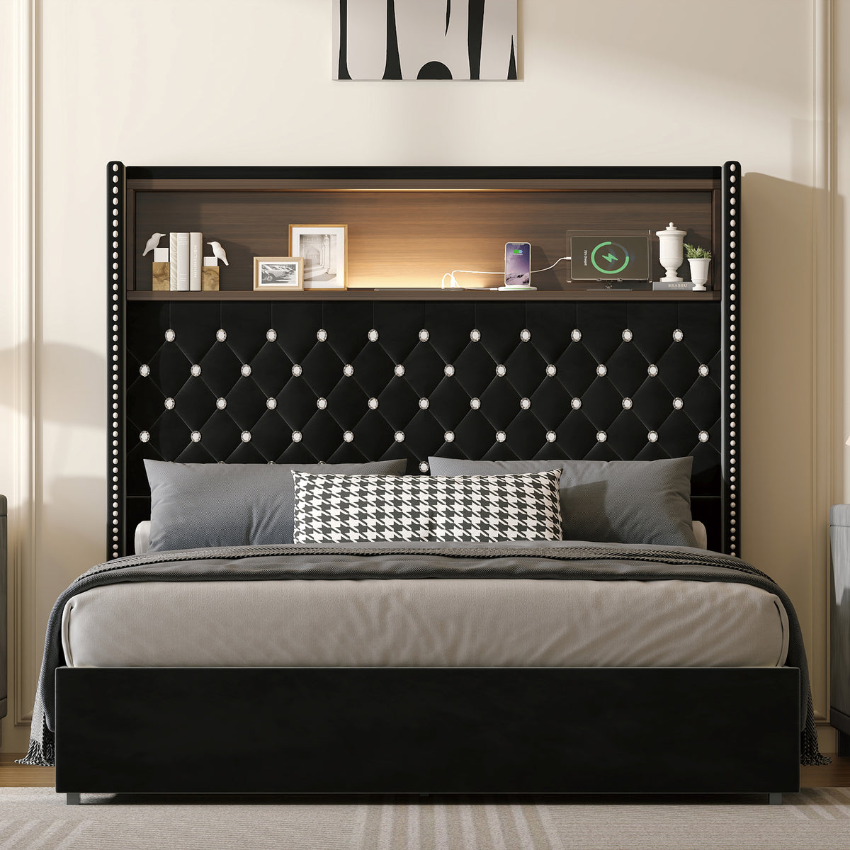 variant-group:rf-n733p368653b|Roomfitters Full Velvet Tufted Platform Bed with Charging Ports, Tall Wingback Headboard with Rivet Trim and Shelf, Black