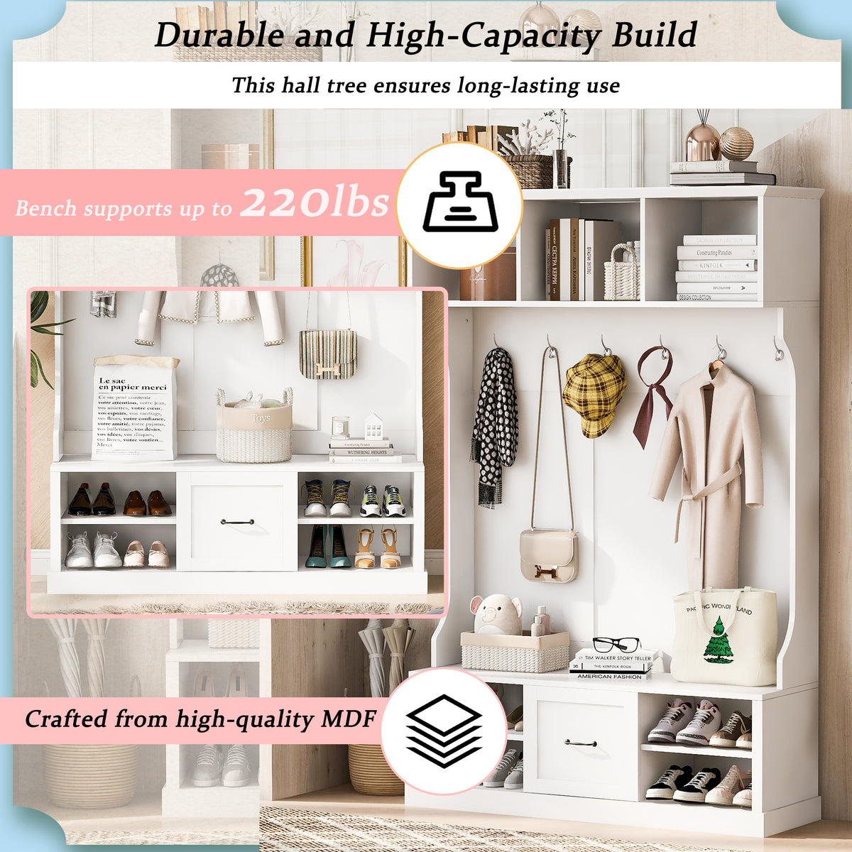 variant-group:rf-n724p264673k|Roomfitters 3-in-1 Hall Tree with 6 Hooks, Coat Rack and Entryway Bench, 57" Organizer with Drawer for Hallway or Living Room, White
