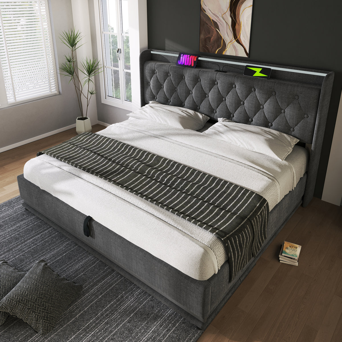 variant-group:rf-n736p188806g|Roomfitters Full Size Upholstered Storage Bed with USB Type-C Charging and Remote Control, Linen Gray