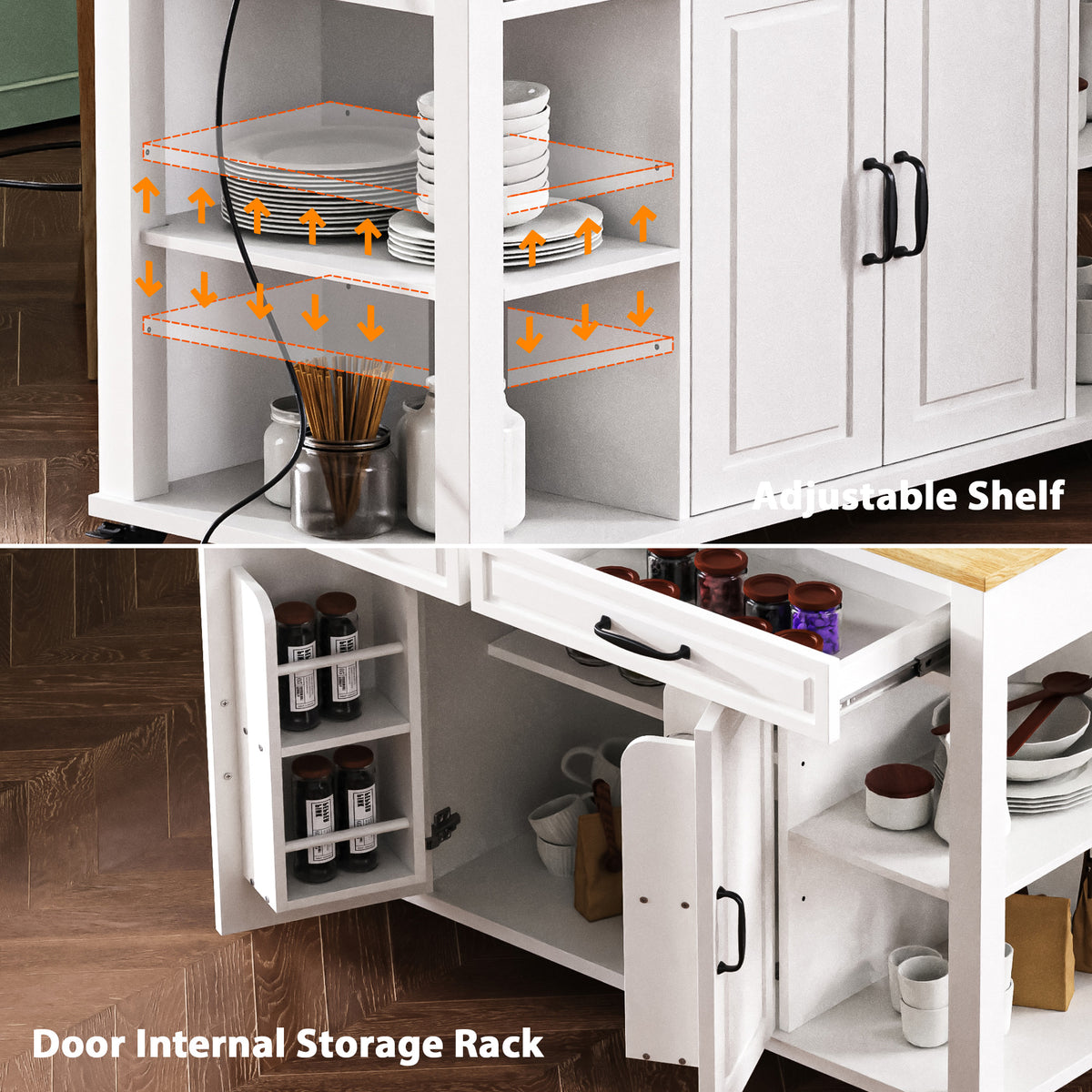 variant-group:rf-n707p215327w|Roomfitters 47" Kitchen Island with Extendable Dining Table, Storage Cabinet, Power Outlet, Rubber Wood Veneer, White